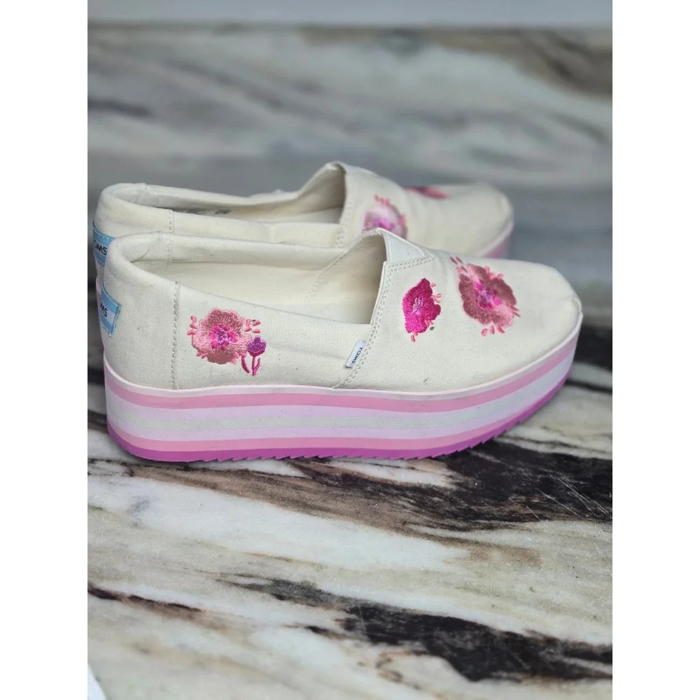 TOMS Alpargata Platform Shoes Cream Canvas Pink Floral‎ Embroidered Slip On 8.5